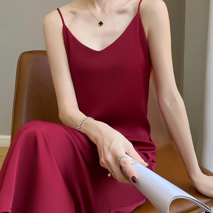 Summer Halter Dress Female Silk Silk Silk High Grade Satin Solid Color Long A-Line Skirt Waist Show Thin Cover Meat RW D13