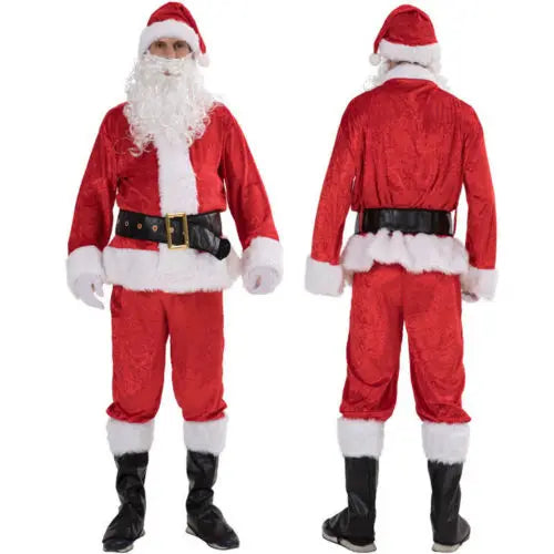 Deluxe Christmas Santa Claus Costume Set Red Zipper Coat with Pants Hat Belt Beard Shoes - Festive Holiday Outfit for