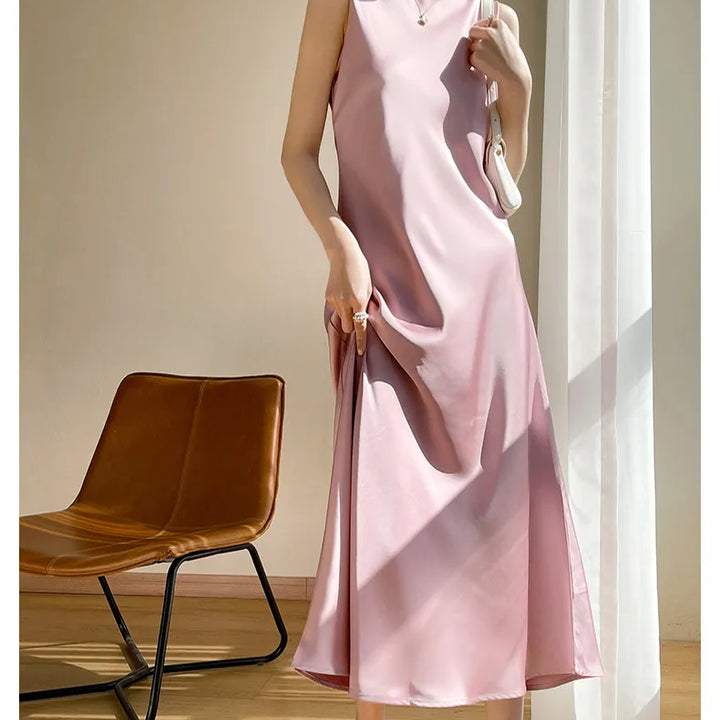 2024 Summer Robe long maxi Sundress Fashion Elegant Women's Acetate satin Dresses Sexy artificial silk Sleeveless Party Dress