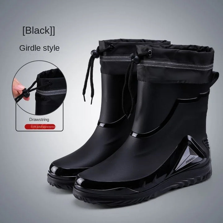 New ，Rain Boots Men's Waterproof Drawstring Rain ，Shoes Velvet Padded Suit， Warm Non-Slip Flat Fashion Take-out Rider Rain Boots