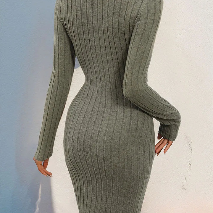 European and American Knitted Matte Pit Strip Solid Color Simple Knitted Skirt Slimming Round Neck Button Dress