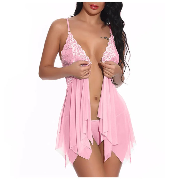 Mesh Lace Deep V Neck Nightdress Front Closure Sexy Lingerie Sleepwear For Women Suspender Sleeping Dress Babydoll Erotic Pajama