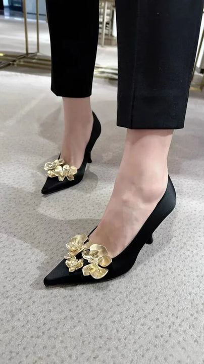 Golden Flowers Women Silk High Heels Luxury Designer Sandal Metallic Flower Square Toe Pointed Fine Heel Party Dress Shoes Pumps