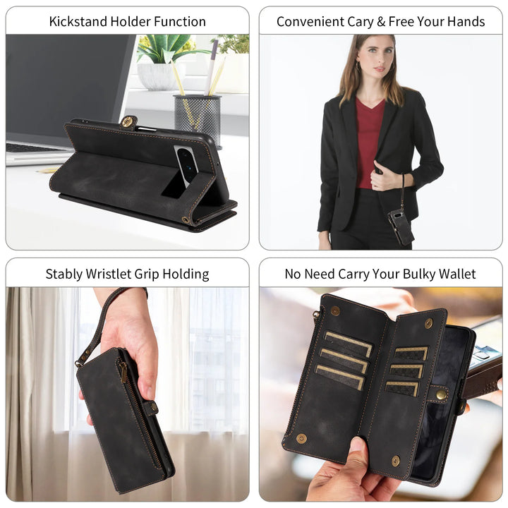 Luxury Handbag Zip Wallet Case for Google Pixel 8 Pro 8A 7 7A 6 6A 5 XL 5A 4 4A Leather Phone Bumper Magnetic Strap Flip Case