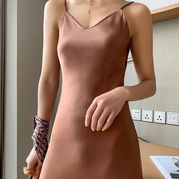 2022 Elegant Women Dress Summer Sexy V-Neck Korean Satin Party Long Spaghetti Strap Dresses Casual Sundress Vestido Mujer