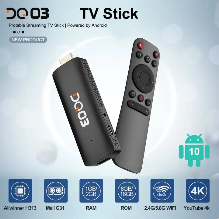 DQ03 Mini TV Stick Android 10 Quad Core ARM Cortex A53 2GB 16GB Support 4K H.265 2.4G&5.8G Wifi Streaming Smart TV Box 1GB 8GB