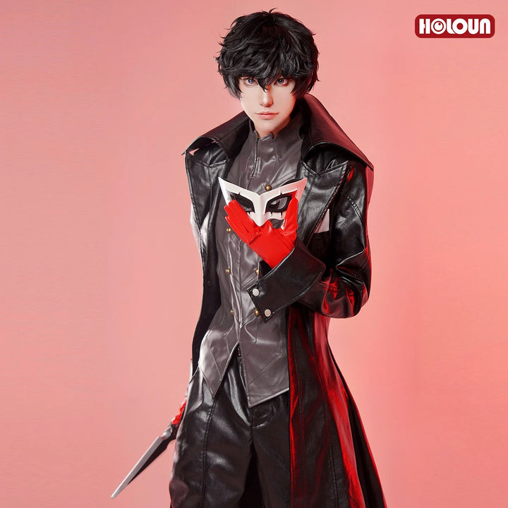 HOLOUN P5 Game Ren Amamiya Cosplay Costume Wig Mask Joker Faux Leather Coat Pants Vest Gloves Daily Wear Cos Convention Rose Net