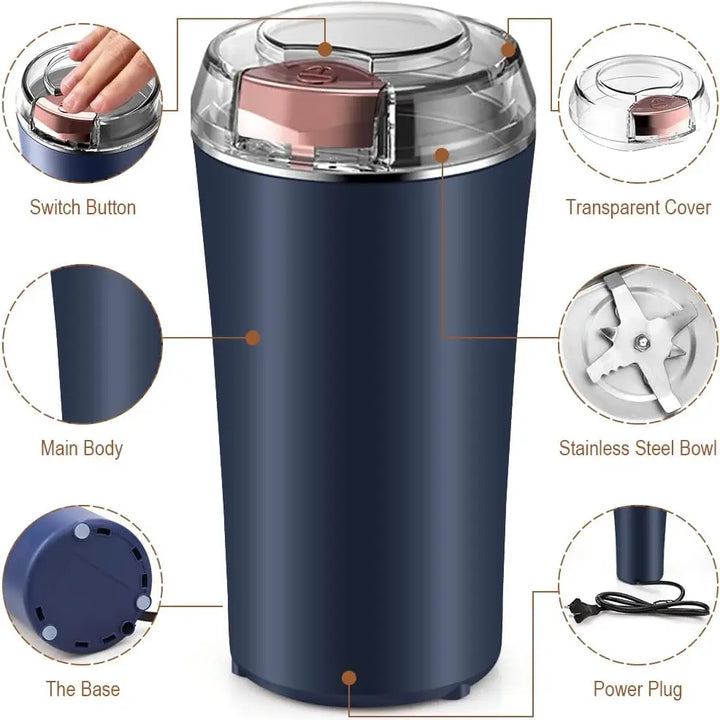 Electric Coffee Grinder Stainless Steel Spices Grinder Non-Slip Base Rust-Proof Coffee Bean Grinder Home Office Use Easy Clean