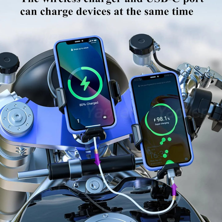 Kewig NEW Motorcycle Fork Stem Shock Absorption Phone Mount Holder w/ Qi 15W Wireless Charger & 36W PD/USB-C Fast Charging Port