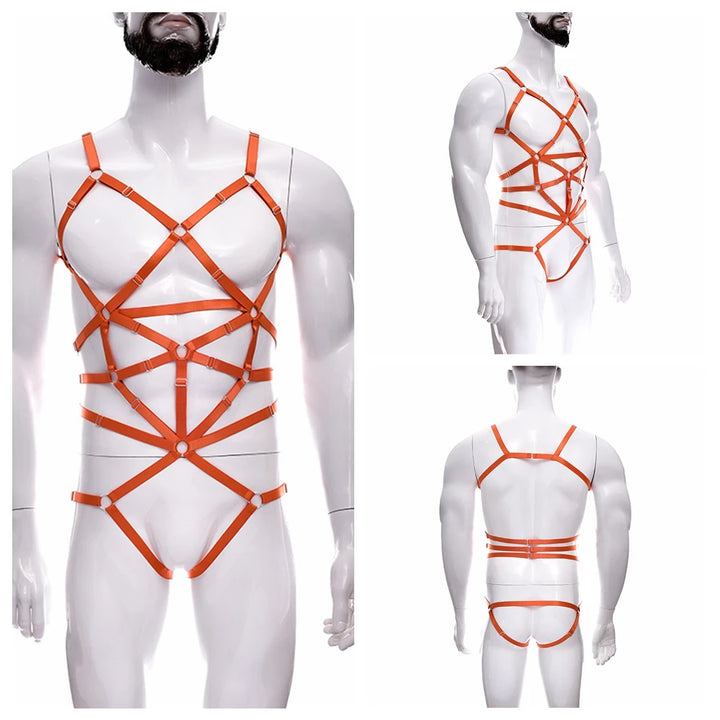 Male Full Body Harness Cage Adjust Set Mens Gay Hollow Elastic Bondage Harness Sexy Lingerie Fetish Nightclub Costume