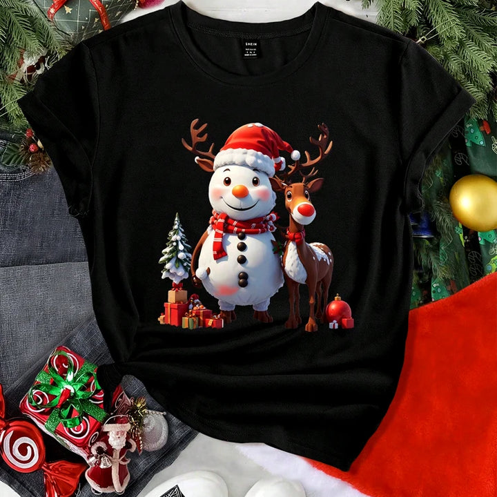 Christmas Women Casual T-Shirt Cartoon Snowman Reindeer Christmas Tree Print Sports Fashion Shirt Round Neck Loose Versatile Top