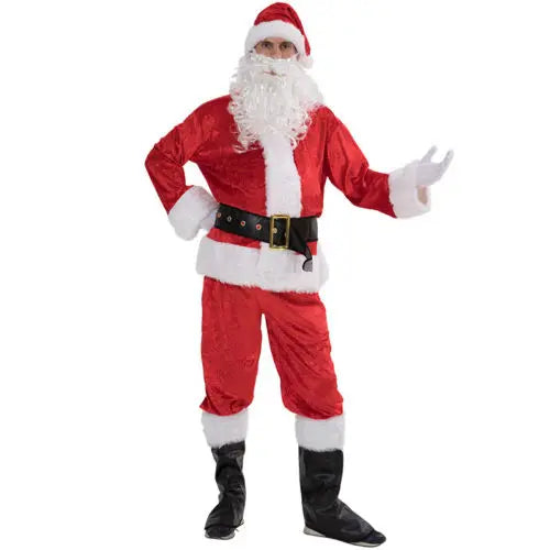 Deluxe Christmas Santa Claus Costume Set Red Zipper Coat with Pants Hat Belt Beard Shoes - Festive Holiday Outfit for