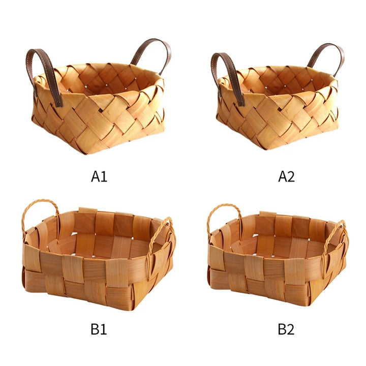 Woven Storage Basket with Handle Bread Basket Portable Picnic Food Fruit Storage Box Kitchen Organizer Decor Photography Props