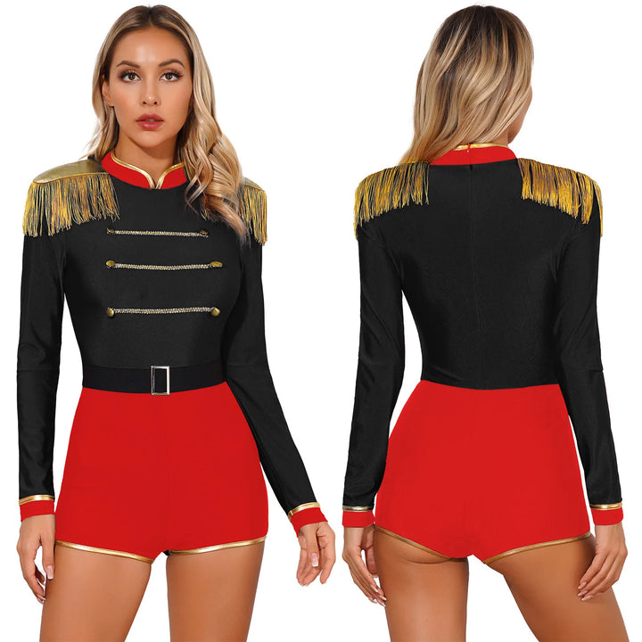 Womens Circus Ringmaster Jumpsuit Halloween Carnival Theme Party Role Play Costume Long Sleeve Velvet Fringed Cosplay Bodysuit