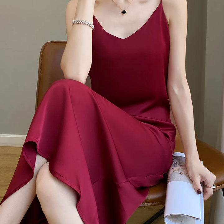 Summer Halter Dress Female Silk Silk Silk High Grade Satin Solid Color Long A-Line Skirt Waist Show Thin Cover Meat RW D13