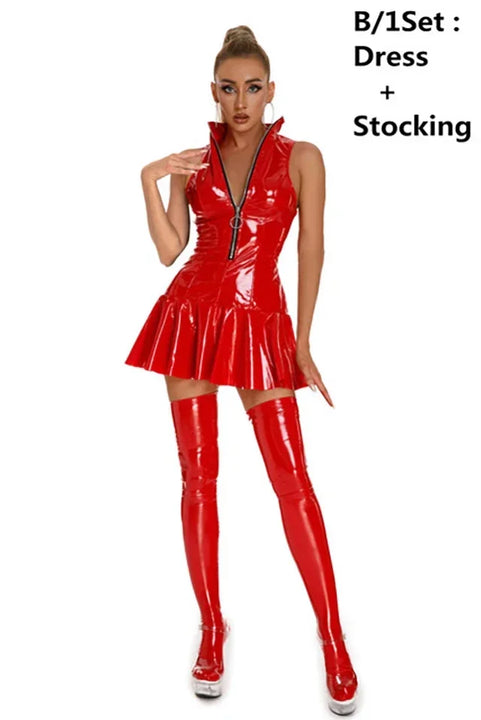 Women's Leather Dress Plus Size Women Sexy Shiny PVC Latex Mini Skirt With Gloves And Stocking Pole Dance Pleated Latex Dress