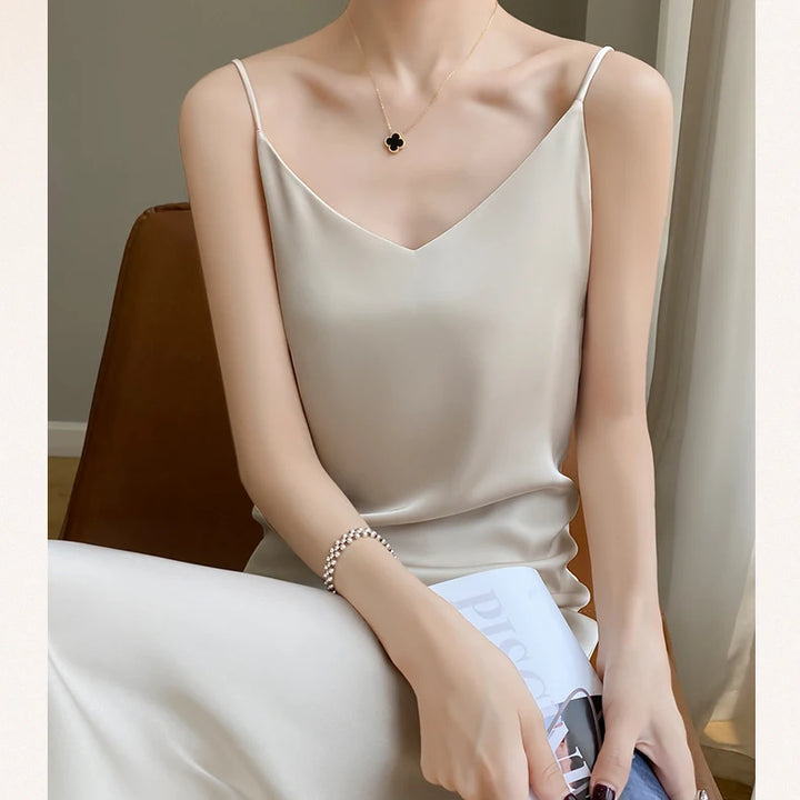 Silk High-Grade Dress New Spring/Summer Sleeveless V-Neck Dress Vest Slip Skirt Silk White With High-Grade Temperament RW D13