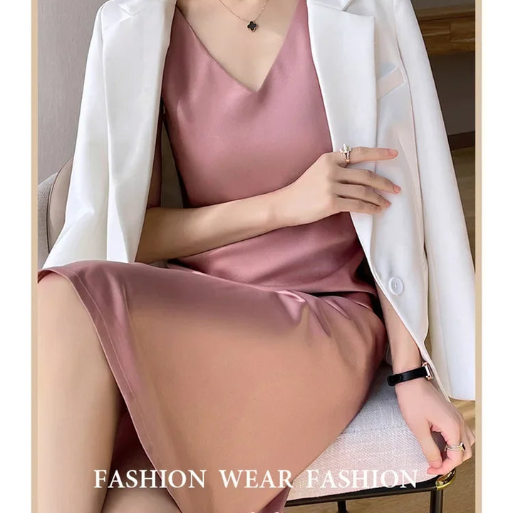 Spring/Summer Satin Dress V-neck, sleeveless, suit with a high-waisted maxi skirt