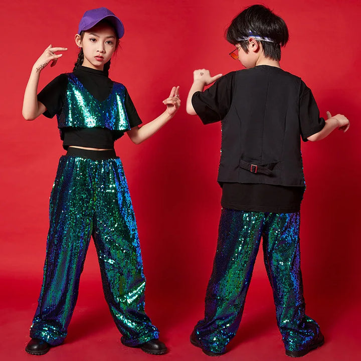 Girl Sequin Crop Tank Top Hip Hop Boys Green Vest Jacket Kids Jazz Shiny Pants Clothes Sets Child Street Dance Stage Costumes