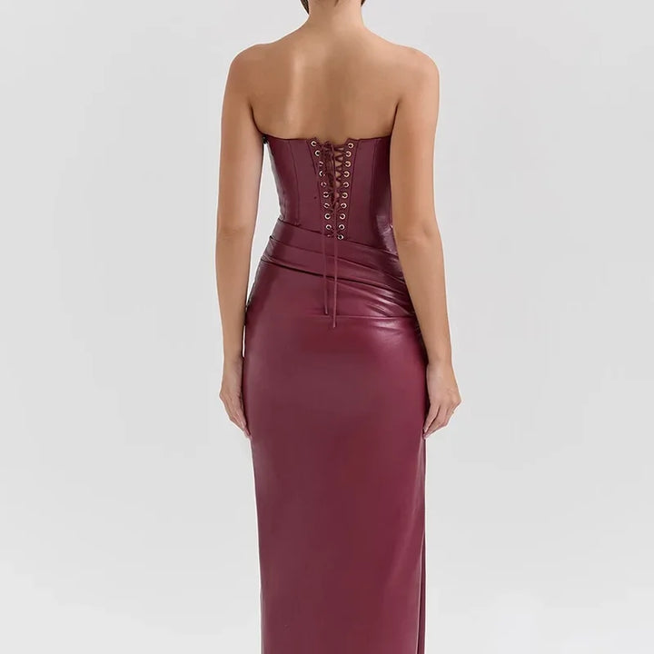 Sexy Woman Strapless Burgundy Slim Leather Long Dress Elegant Back Lace Up Side Slit Sleeveless Dresses 2025 Evening Party Robe