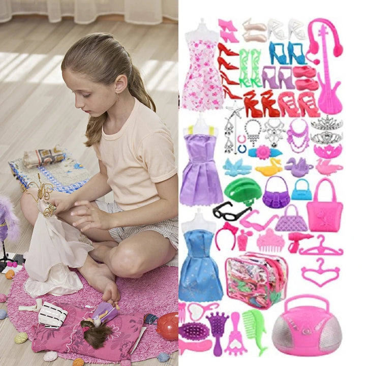 106pcs Doll Accessories Fashion Cute Dress Doll Shoes Boots Mini Dress Handbag Outfit Rack DIY Dollhouse Toy For Barbie Doll