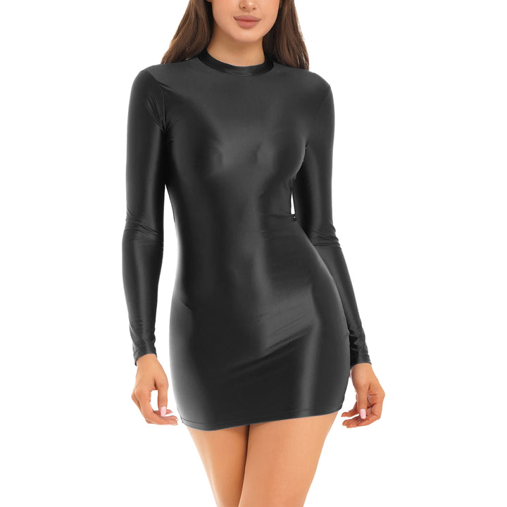 Women Oil Bodycon Dress Smooth Stretchy Tight Party Dress Female Sexy Envening Dresses Glossy Long Sleeve Bodycon Dress Clubwear