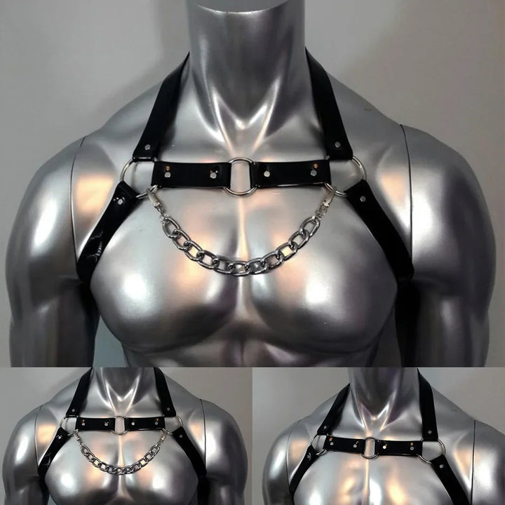 Men's Gothic Leather Chest Harness  Sexy Strappy Clubwear Costume  PU Body Straps Lingerie  Interest Buckles Detail