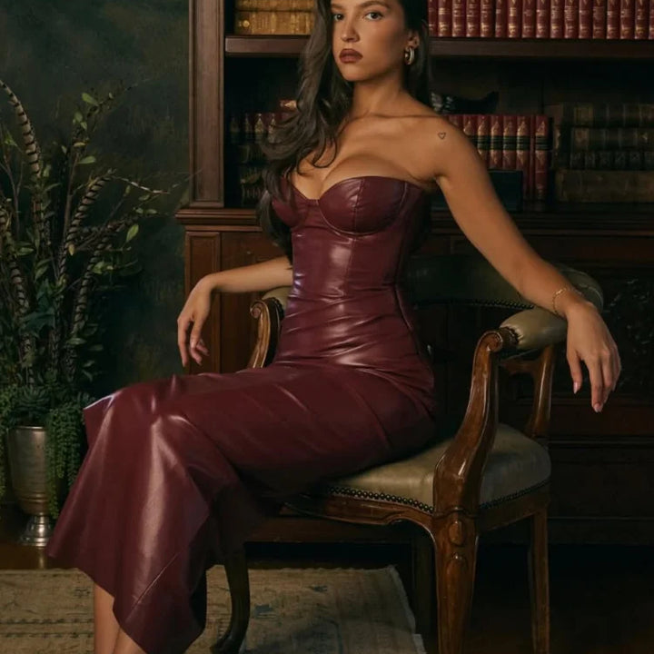 Sexy Woman Strapless Burgundy Slim Leather Long Dress Elegant Back Lace Up Side Slit Sleeveless Dresses 2025 Evening Party Robe