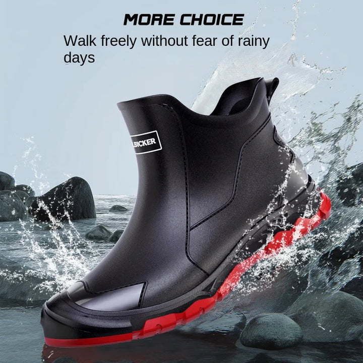 Fashion contrast color black red sole short rain boots men's outerwear versatile non-slip wading khaki rubber shoes