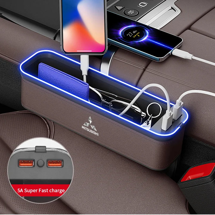 Car Seat Gap Organizer USB Charging Multifunction Storage Box For Mitsubishi Outlander Pajero Lancer EX Evolution X Ralliart Asx