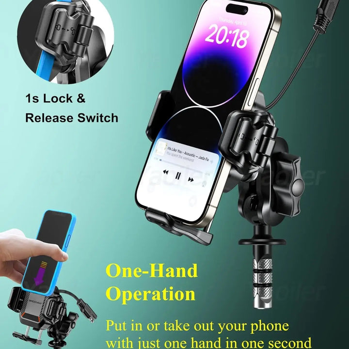 Kewig NEW Motorcycle Fork Stem Shock Absorption Phone Mount Holder w/ Qi 15W Wireless Charger & 36W PD/USB-C Fast Charging Port