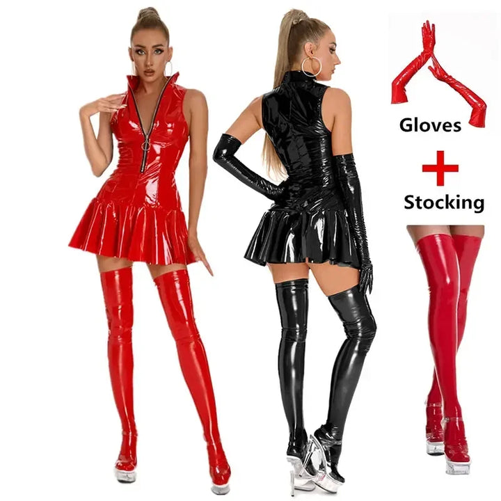 Women's Leather Dress Plus Size Women Sexy Shiny PVC Latex Mini Skirt With Gloves And Stocking Pole Dance Pleated Latex Dress