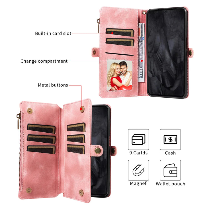 Luxury Handbag Zip Wallet Case for Google Pixel 8 Pro 8A 7 7A 6 6A 5 XL 5A 4 4A Leather Phone Bumper Magnetic Strap Flip Case