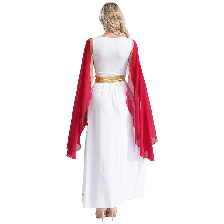 Womens Ancient Greek Toga Goddesses Costumes Party Halloween V Neck Sleeveless Gold Trims Toga Greece Roman Queen Cosplay Dress