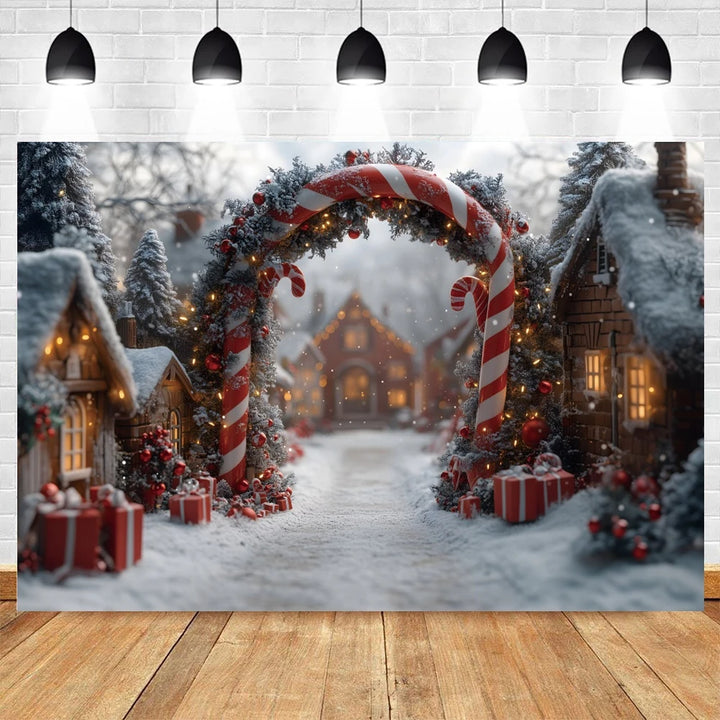 Winter Christmas Photography Backdrop Wonderland Candy Cane Arch Xmas Town Snow Tree Family Portrait Decor Photo Background Prop