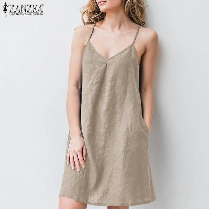 2023 ZANZEA Women Summer Backless Straps Dress Solid Sleeveless V-Neck Sundress Female Casual Robe Party Beach Vestidos Oversize