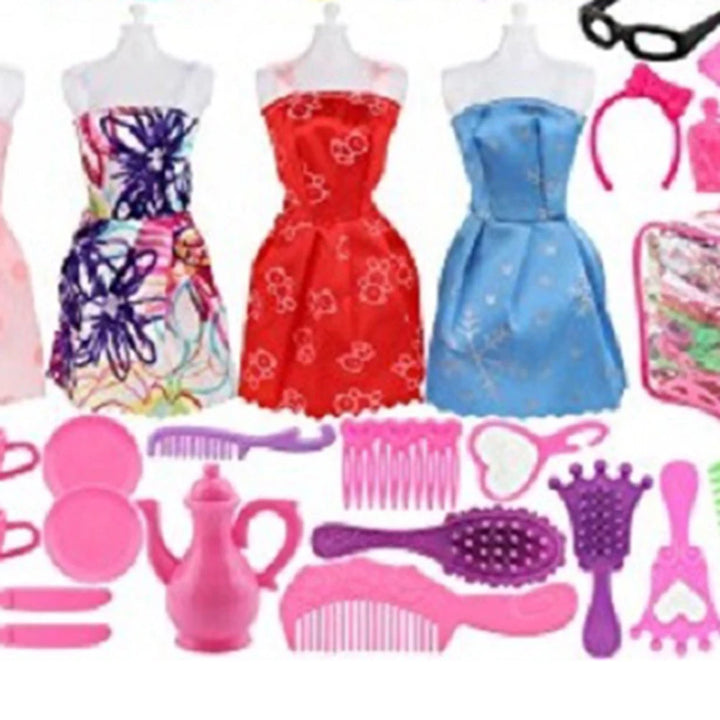 106pcs Doll Accessories Fashion Cute Dress Doll Shoes Boots Mini Dress Handbag Outfit Rack DIY Dollhouse Toy For Barbie Doll