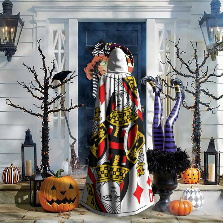 Queen Of Diamonds Card Deck Casino Poker Q Diamonds Long Hooded Cloak Witch Costume Cosplay Cape HalloweenVampire Adult Unisex