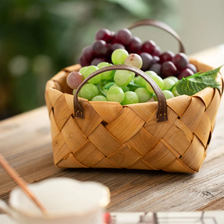 Woven Storage Basket with Handle Bread Basket Portable Picnic Food Fruit Storage Box Kitchen Organizer Decor Photography Props