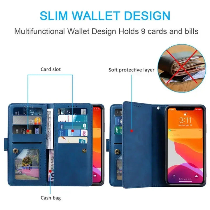 Zipper Wallet Case For Oneplus 12 11 11R 10T 10R 5G Multi 9-Card Slot Leather Flip Cover For One Plus 10 Pro 9 9R 8 8T 7 7T 6 6T