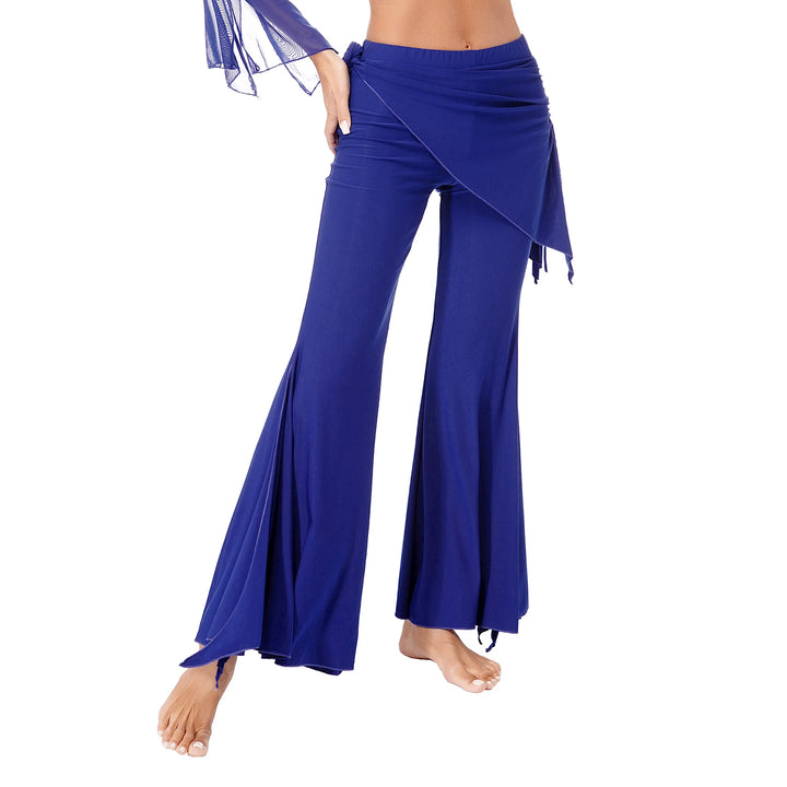 Womens Split Flared Belly Dance Pants Halloween Carnival Costume Solid Color Pants Lace-Up Skirted Pants