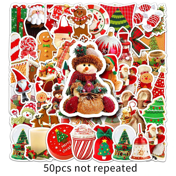 50Pcs Cute Cartoon Christmas Stickers DIY Scrapbooking Gift Decals PVC Waterproof Sticker For Laptop Phone Water Bottle Decor