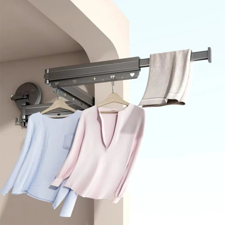 Wall Mounted Clothes Hanger 360 Degree Rotating Household Shelves Portable Balcony Telescopic Pole Stable Folding Cloth Racks