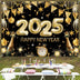 Happy New Year Banners 2025 6.88 X 4.92ft Black Gold New Years Eve Banner Happy New Year Decorations Holiday Wall Display For