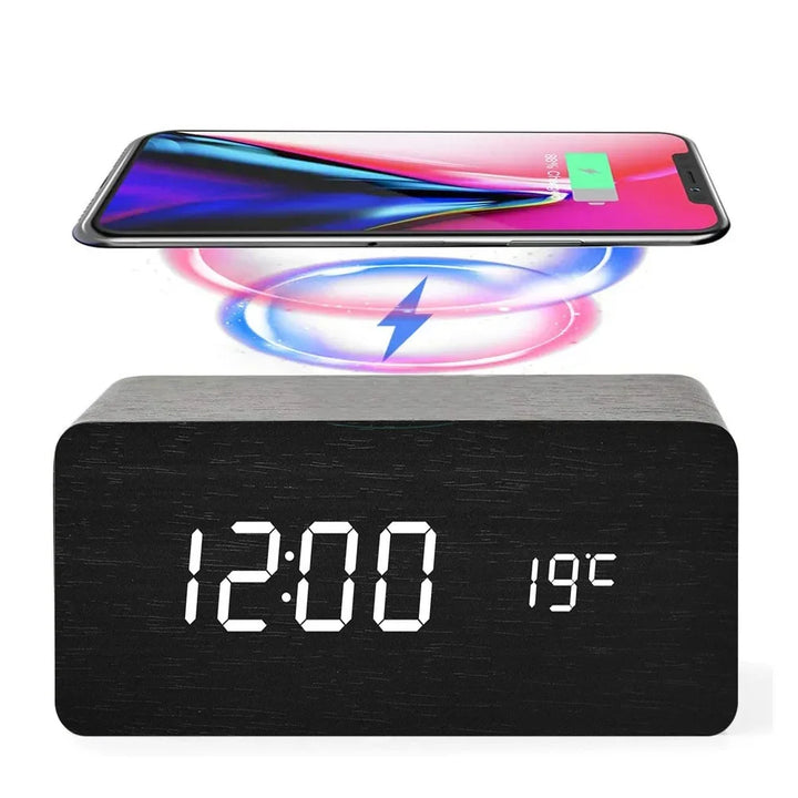 Alarm Clock LED Digital Wooden USB/AAA Powered Table Watch with Temperature Humidity Wireless Charging Electronic Desk Clocks