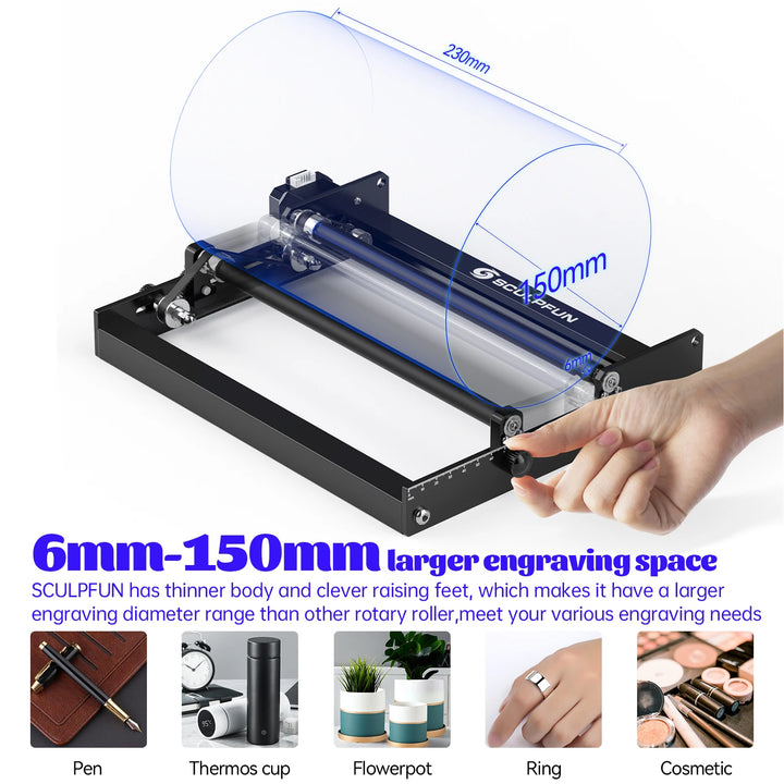 SCULPFUN Laser Rotary Roller Laser Engraver Y-axis Roller 360° Rotating for 6-150mm Engraving Diameter for Cylindrical Objects