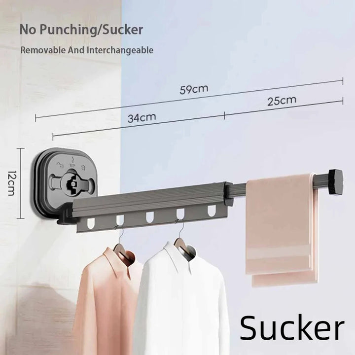 Suction/Drill Wall Mount Folding Clothes Drying Rack With Retractable Suction Cup Extension Pole Reusable 3-Fold Clothes Rack