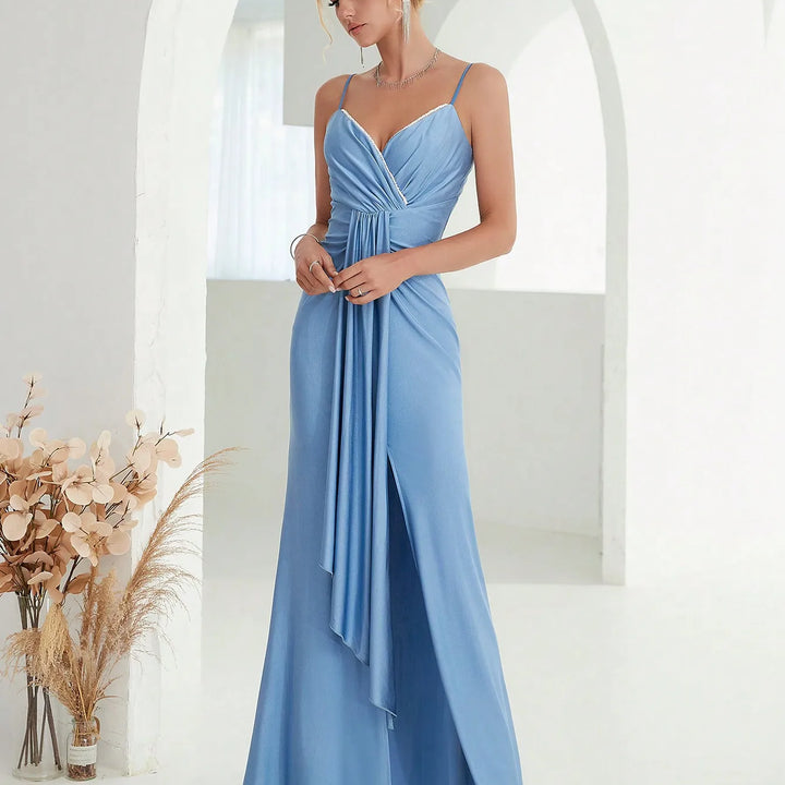 Mgiacy Beaded neckline chest pleats Design Ribbon Slit Skirt Evening gown Ball dress Party dress Bridesmaid dress