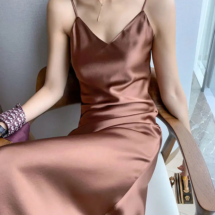 2022 Elegant Women Dress Summer Sexy V-Neck Korean Satin Party Long Spaghetti Strap Dresses Casual Sundress Vestido Mujer