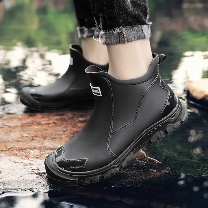 Fashion contrast color black red sole short rain boots men's outerwear versatile non-slip wading khaki rubber shoes